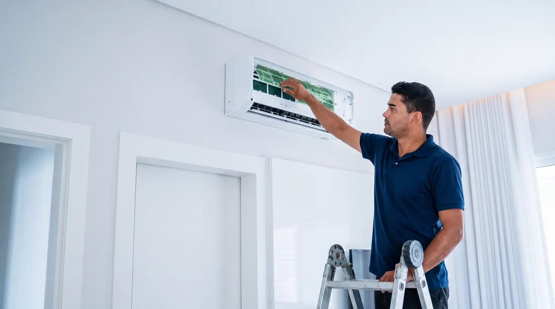 Técnico trabalhando em ar-condicionado split instalado na parede
